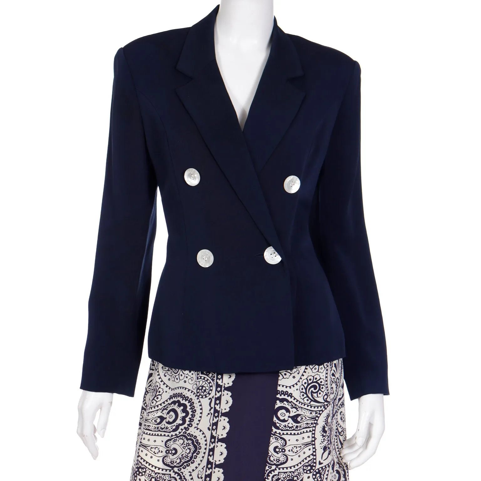 1980s Albert Nipon Navy Blue & White Scarf Print Skirt Jacket & Silk Scarf Suit