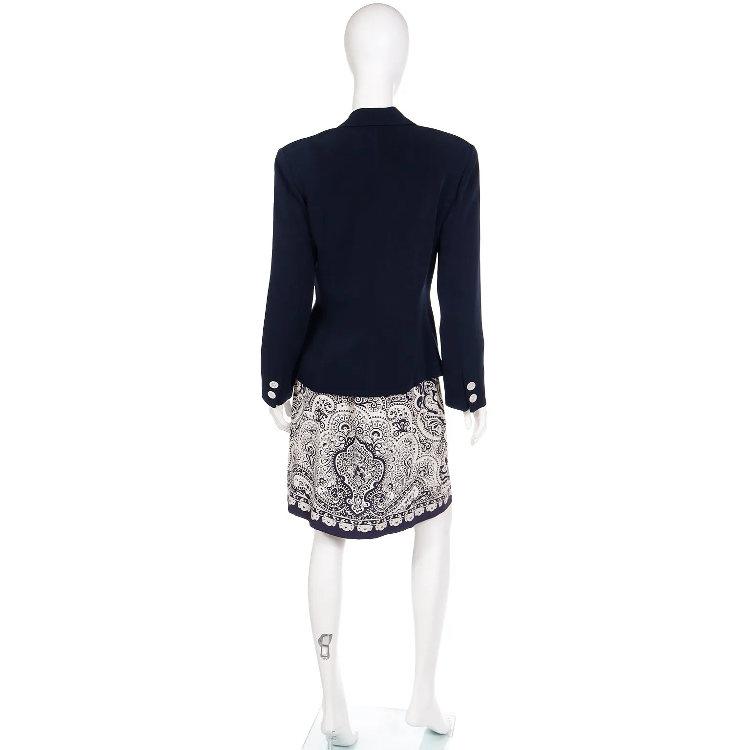 1980s Albert Nipon Navy Blue & White Scarf Print Skirt Jacket & Silk Scarf Suit