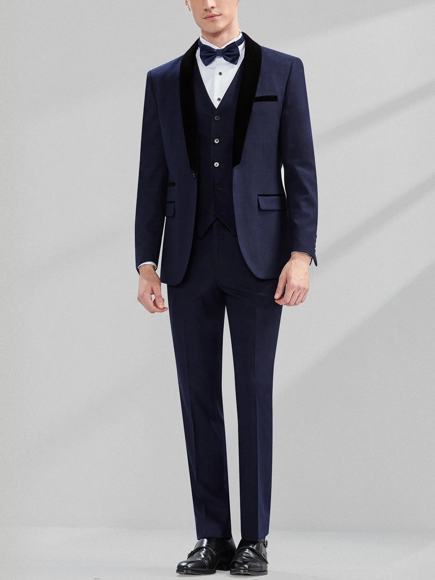 3 Piece Navy Tuxedo Single Buttons Shawl Lapel Men's Suit For Wedding (Blazer Vest Pants)