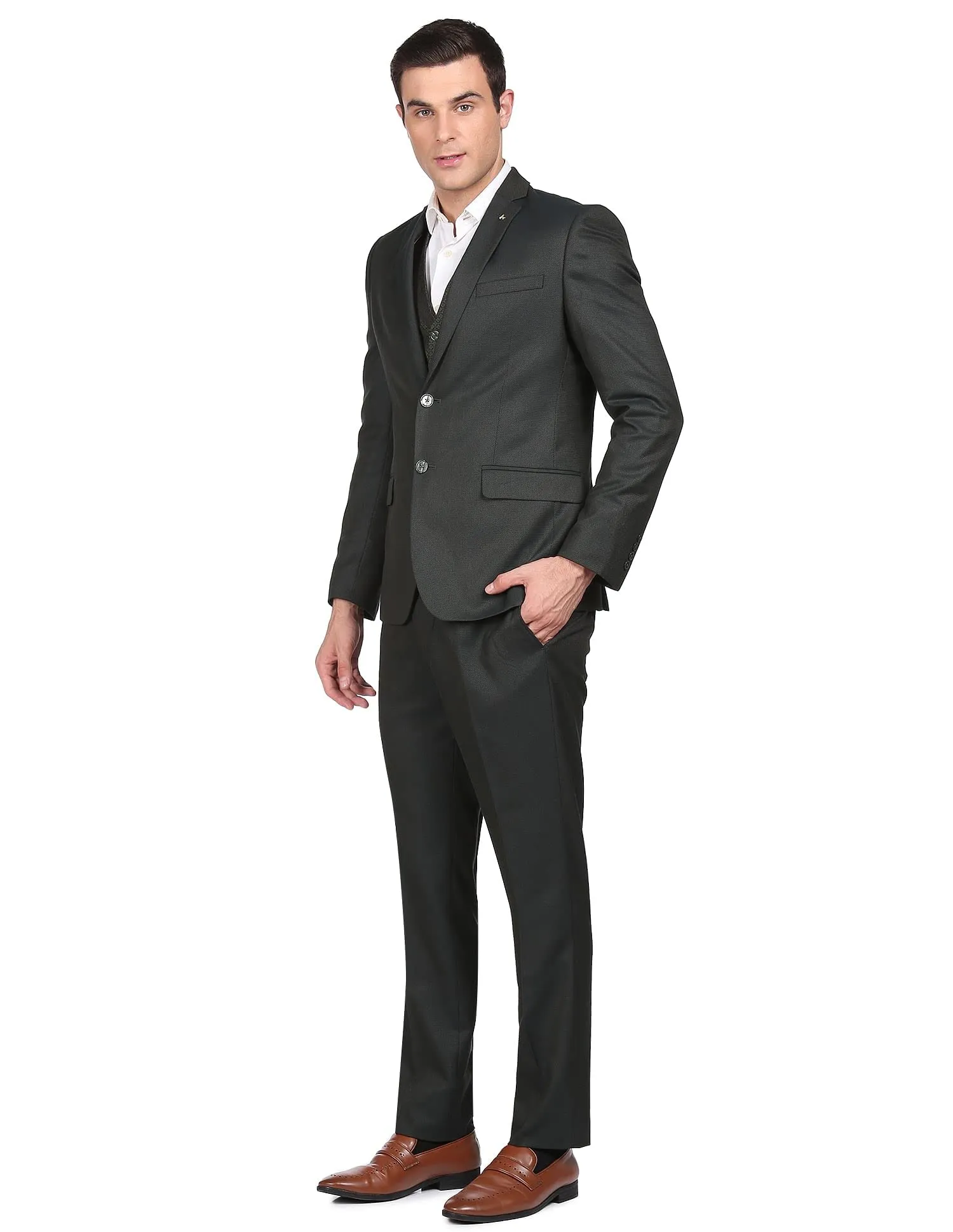 Arrow Men Olive Tailored Regular Fit Self Designed Three Piece Suit