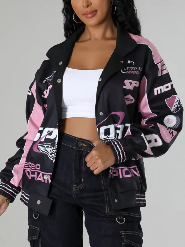 Band Collar Patchwork Numbers Jacket