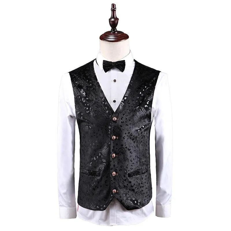 Black Three Piece Men's Floral Print Suit