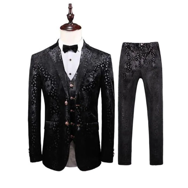 Black Three Piece Men's Floral Print Suit