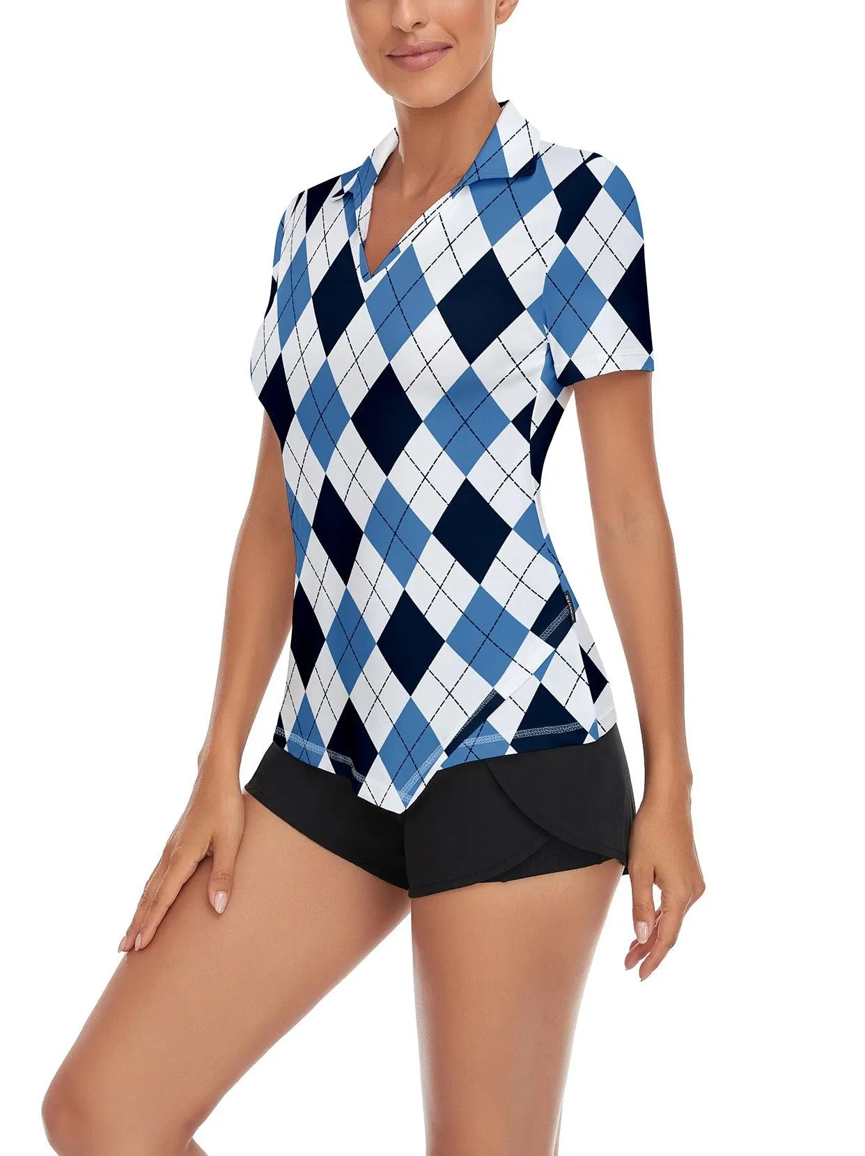 Blue and Dark Blue Checkered Print Short Sleeve Golf Shirt Short-sleeve Golf Polo for Ladies