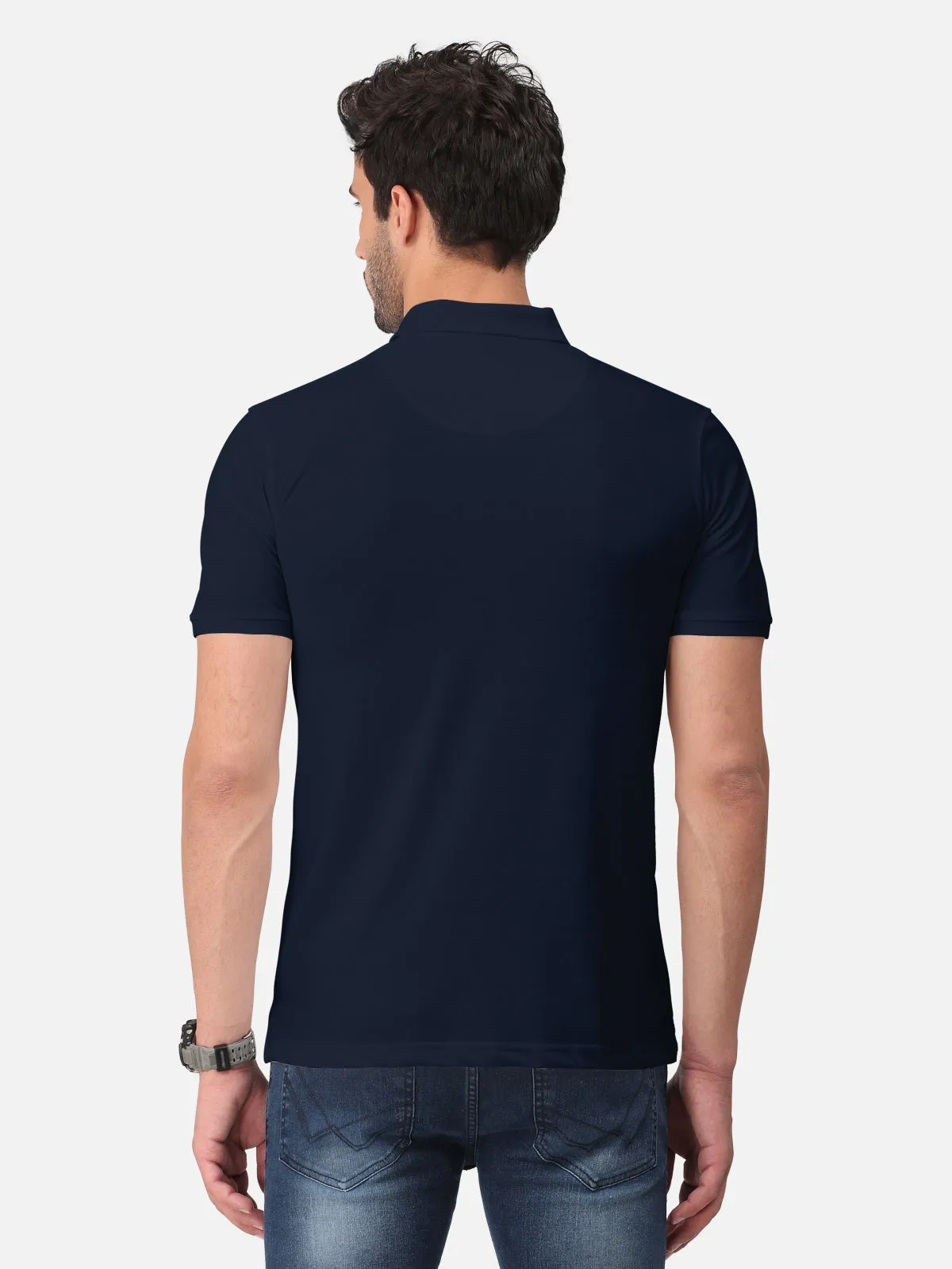 BULLMER Navy Blue Trendy Printed Half Sleeve Polo T-shirt for Mens