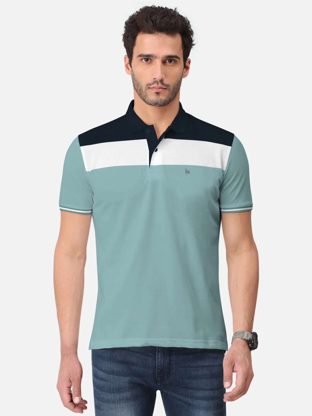 BULLMER Sea Green Trendy Printed Half Sleeve Polo T-shirt for Mens