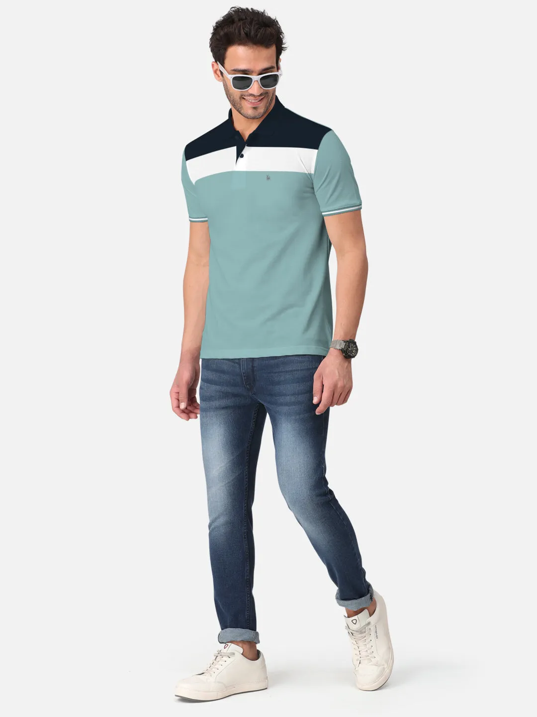 BULLMER Sea Green Trendy Printed Half Sleeve Polo T-shirt for Mens