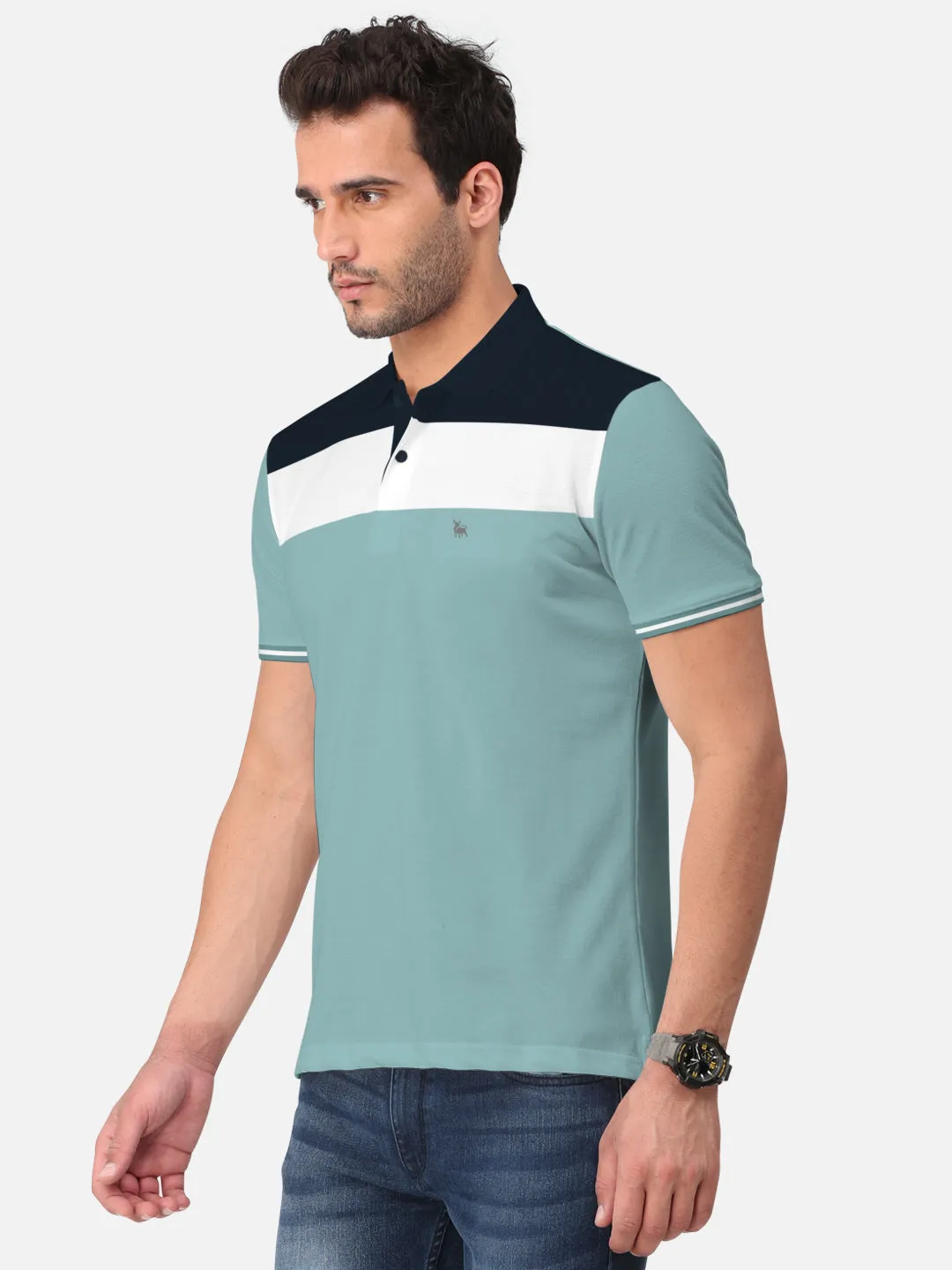 BULLMER Sea Green Trendy Printed Half Sleeve Polo T-shirt for Mens