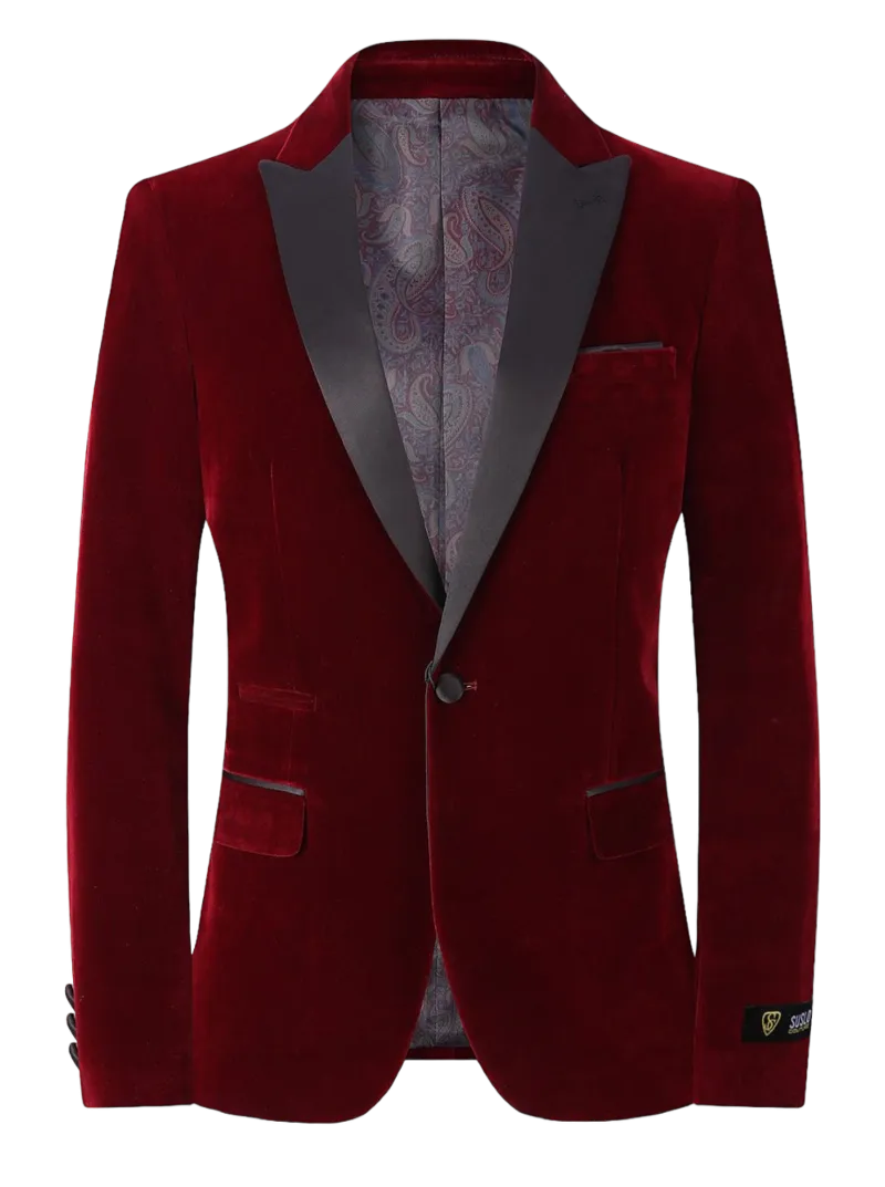 Burgundy velvet Men's Blazer Black Satin Lapel with Bowtie By Suslo Couture