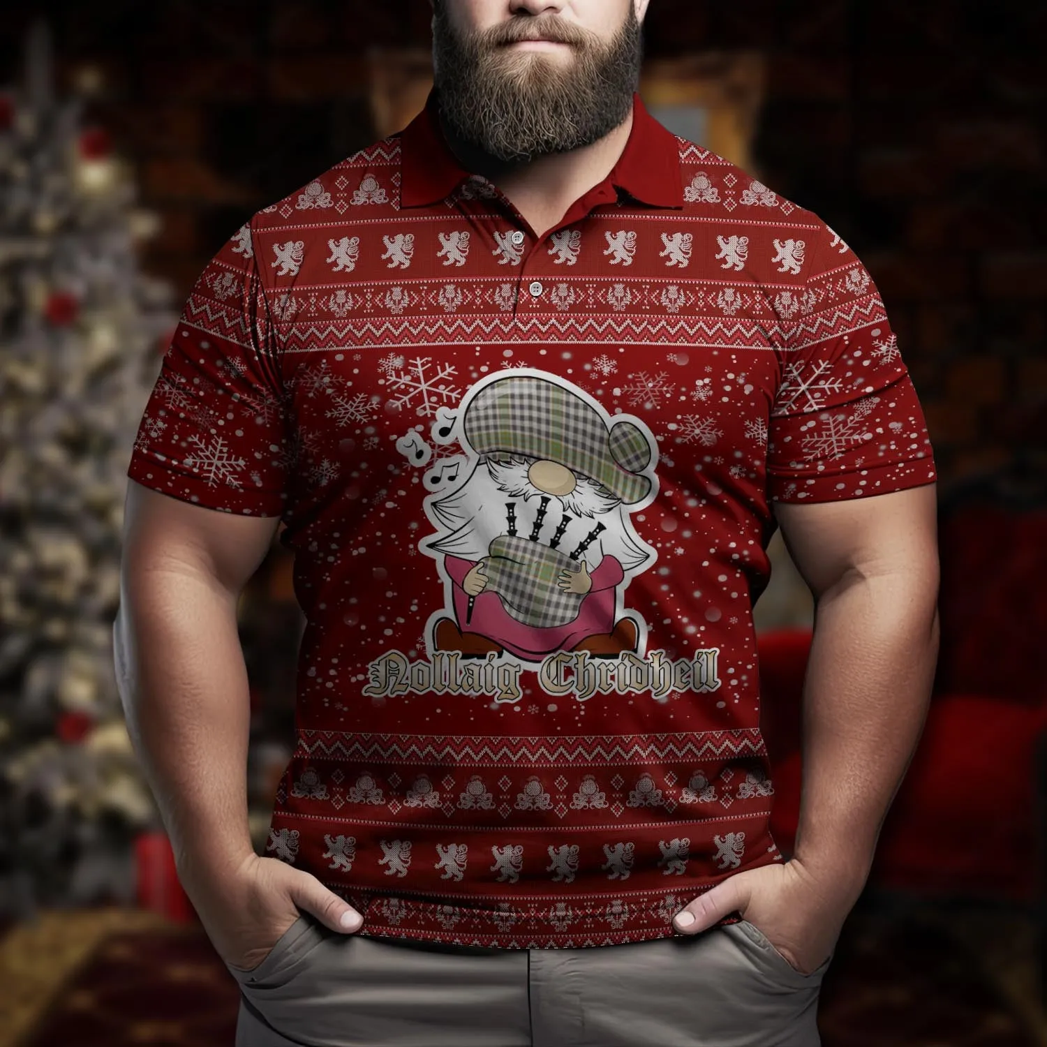 Burns Check Clan Christmas Family Polo Shirt with Funny Gnome Playing Bagpipes