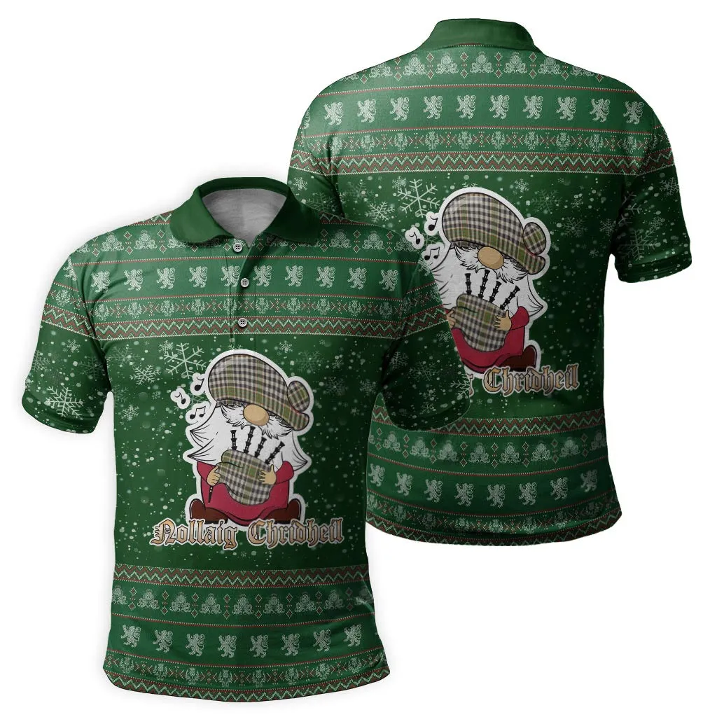 Burns Check Clan Christmas Family Polo Shirt with Funny Gnome Playing Bagpipes