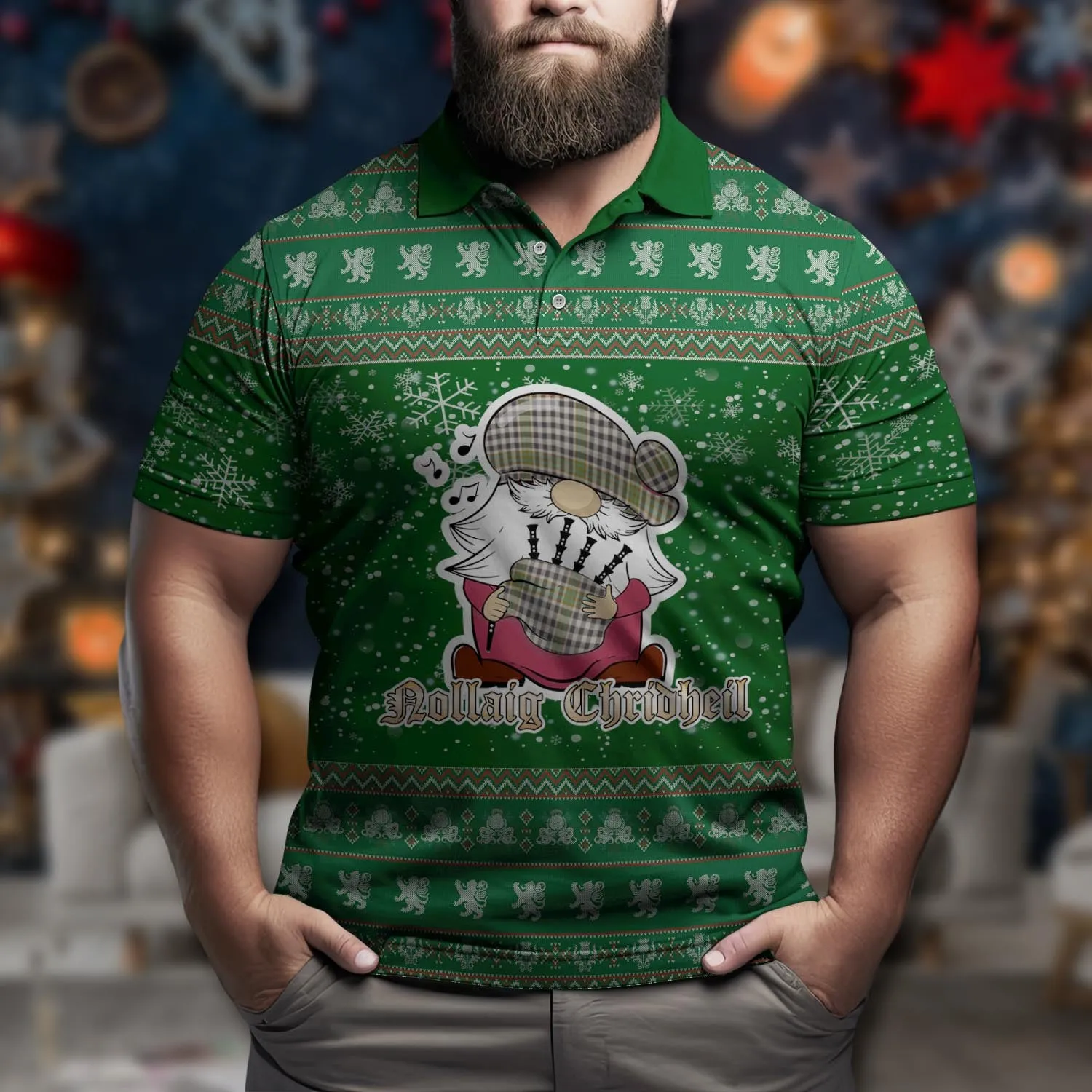 Burns Check Clan Christmas Family Polo Shirt with Funny Gnome Playing Bagpipes