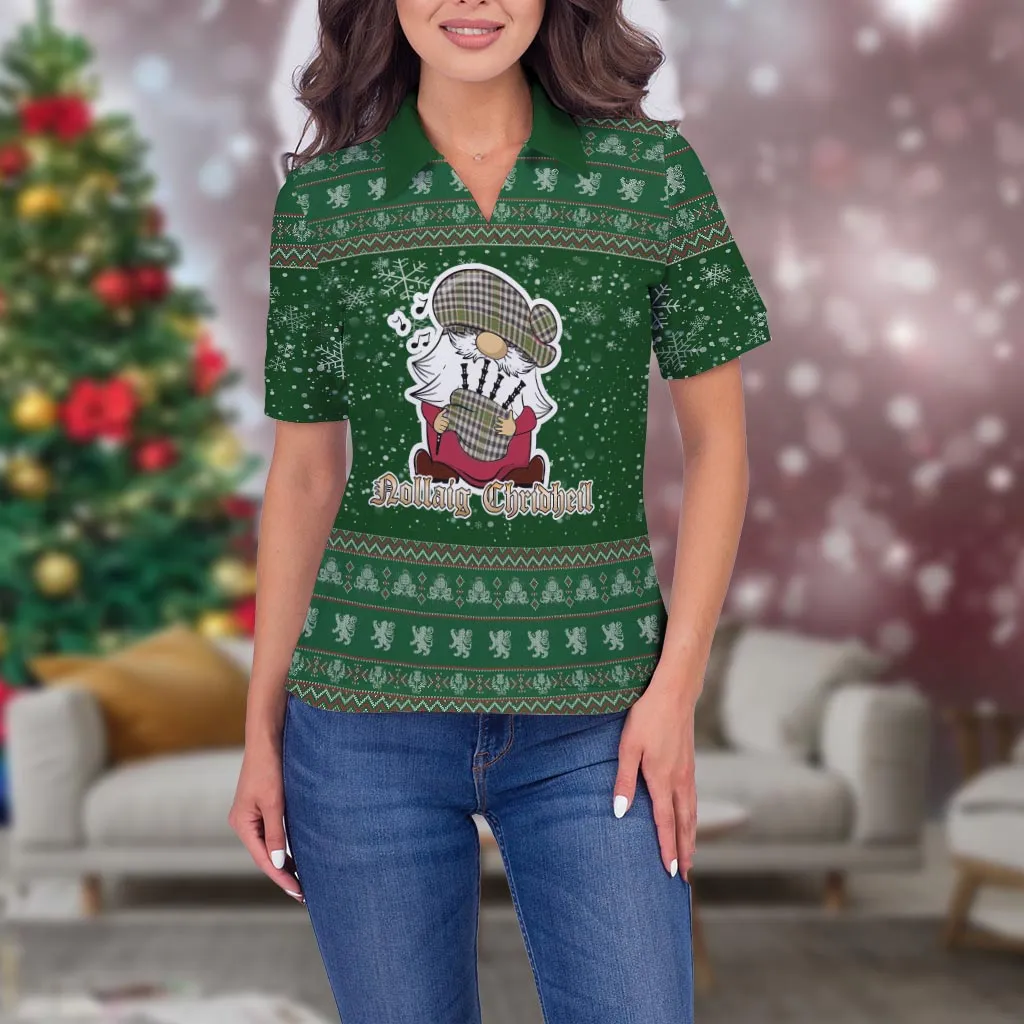 Burns Check Clan Christmas Family Polo Shirt with Funny Gnome Playing Bagpipes