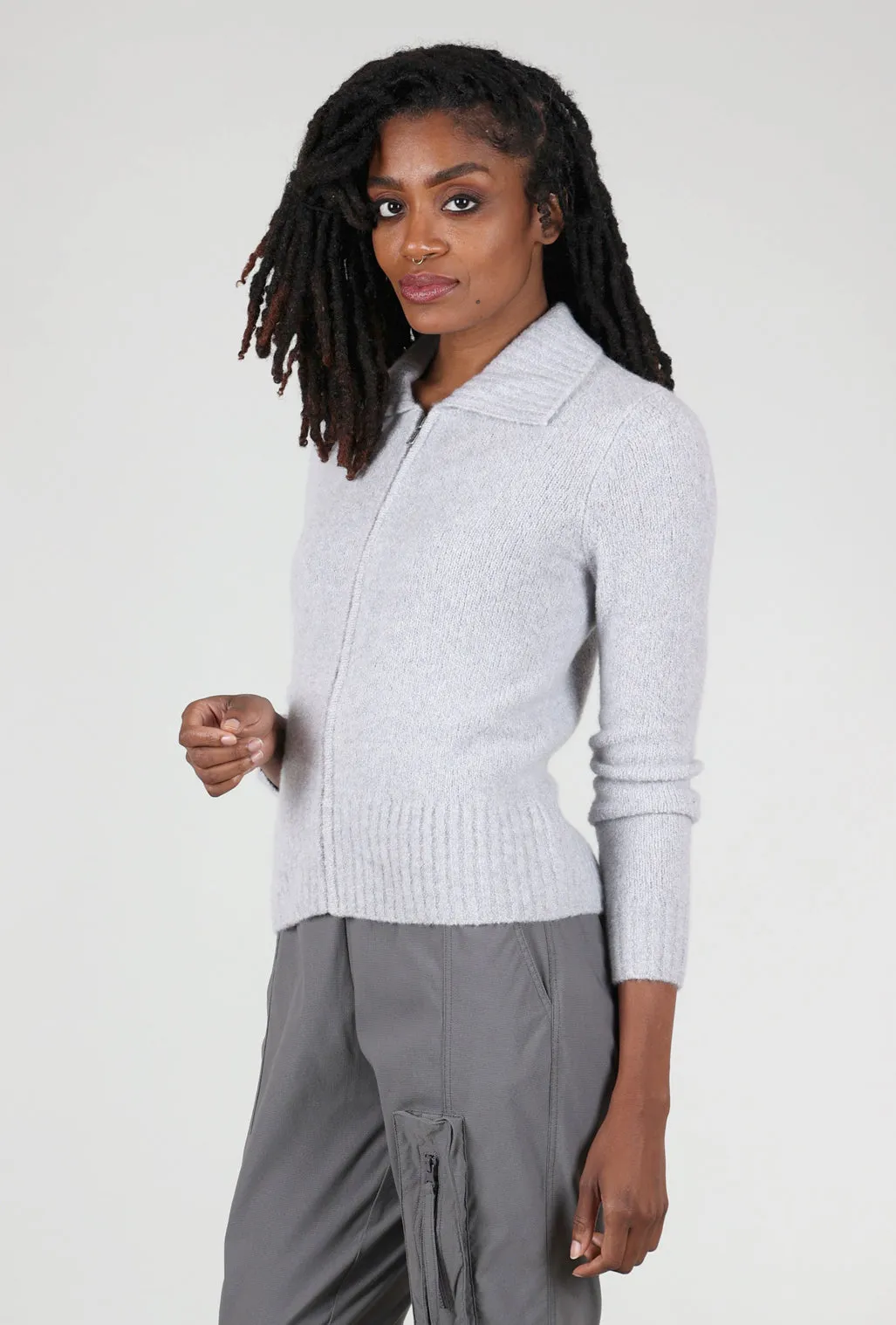 Cashmere Boucle Full-Zip Polo, Argento Gray