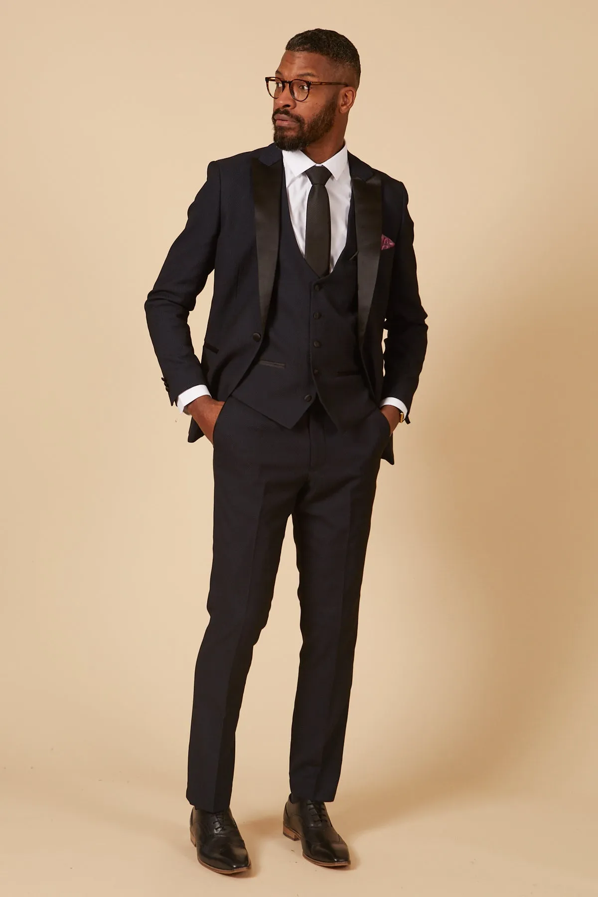 DALTON - Navy Tux Lapel Diamond Three Piece Suit