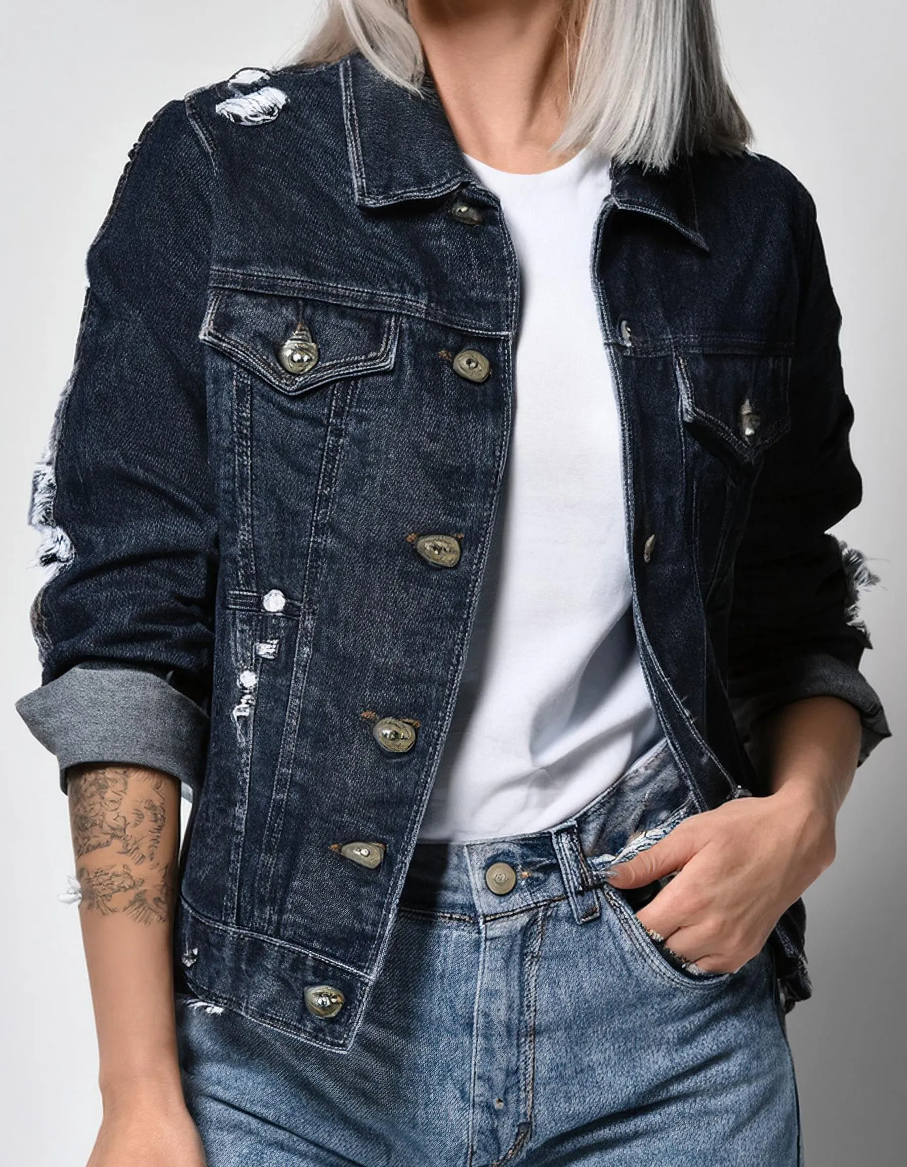 Dark Wash Denim Jacket With Subtle Distressing