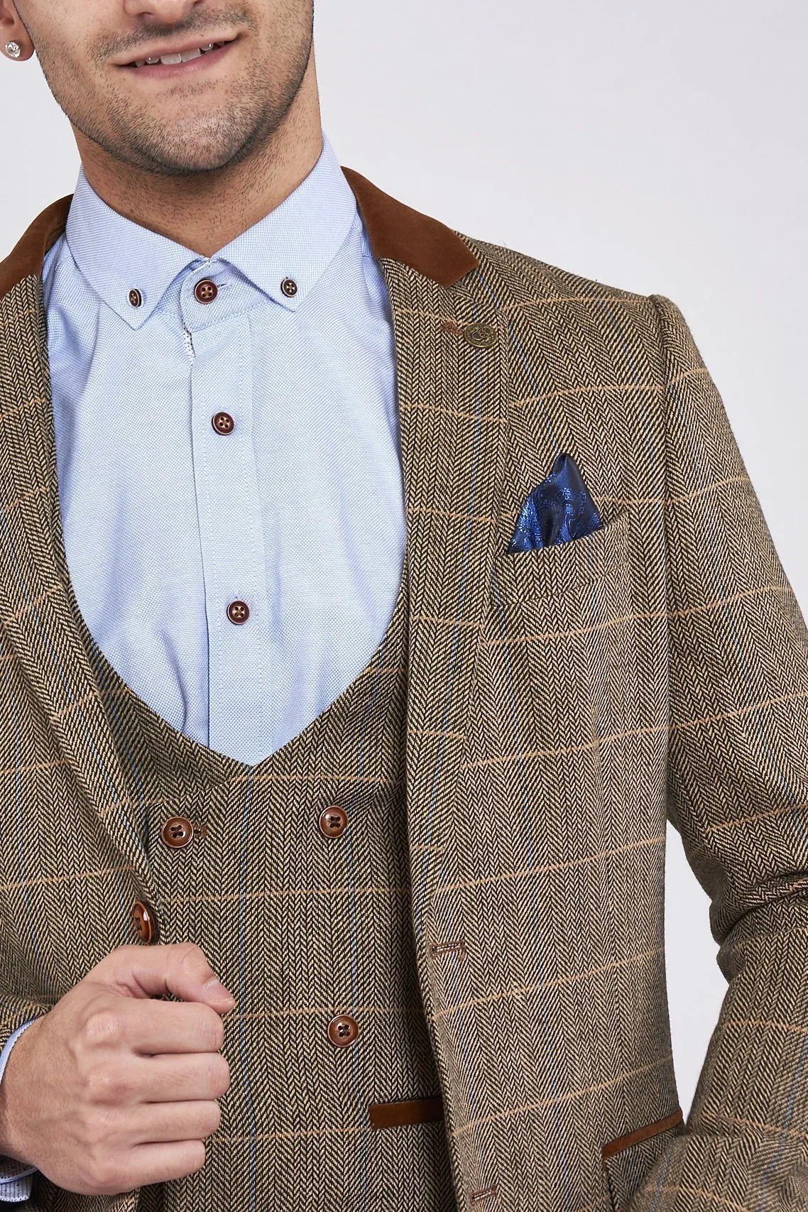 DX7 Tan Tweed Suit With Double Breasted Waistcoat | Check Suit | Office Wear | Wedding Suit