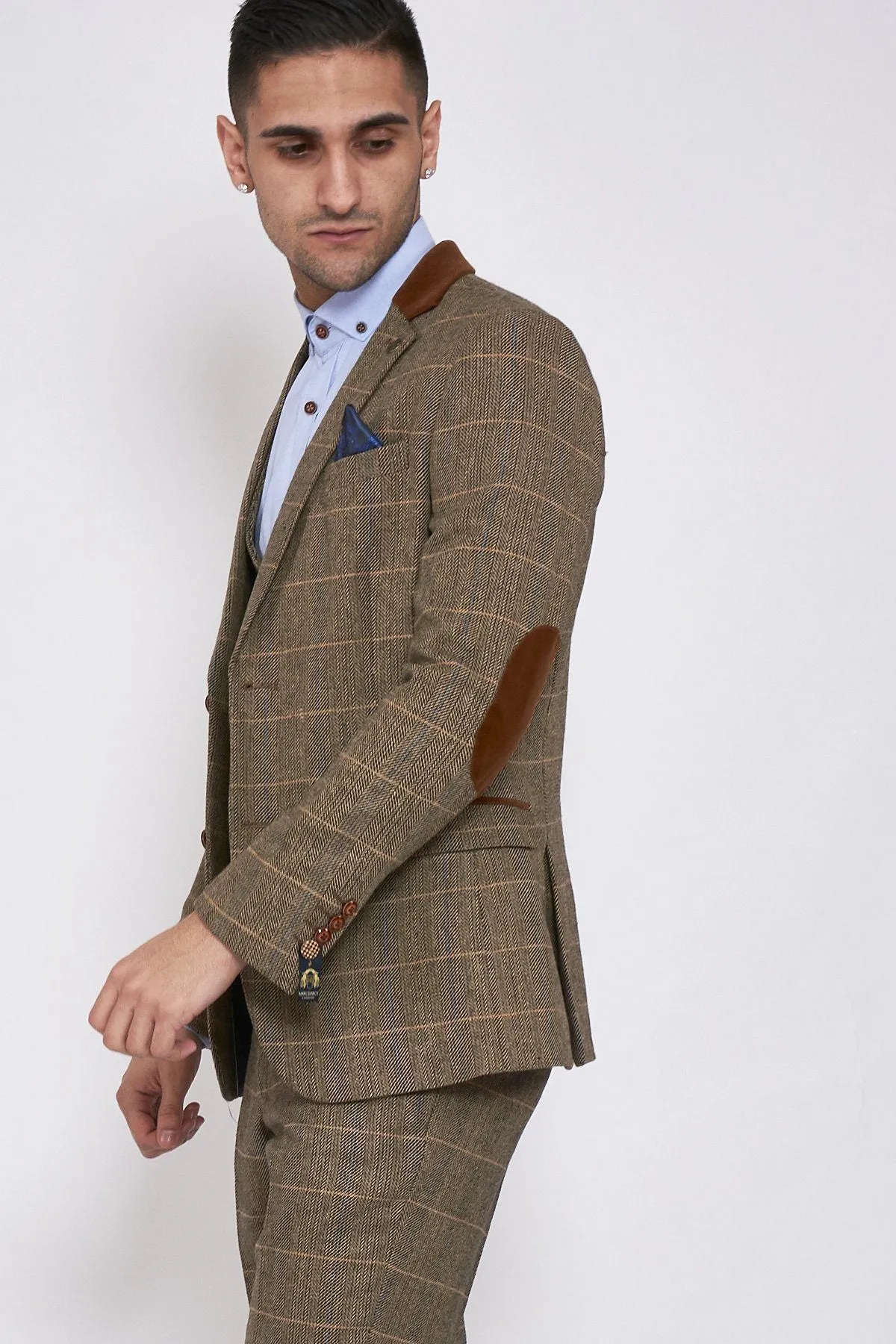 DX7 Tan Tweed Suit With Double Breasted Waistcoat | Check Suit | Office Wear | Wedding Suit