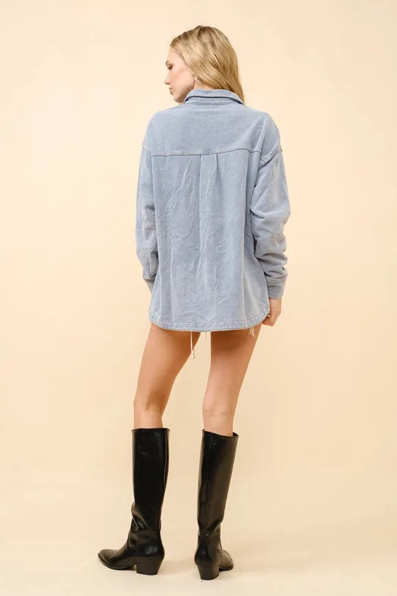 French Terry Knit Denim Wash Shirt Jacket