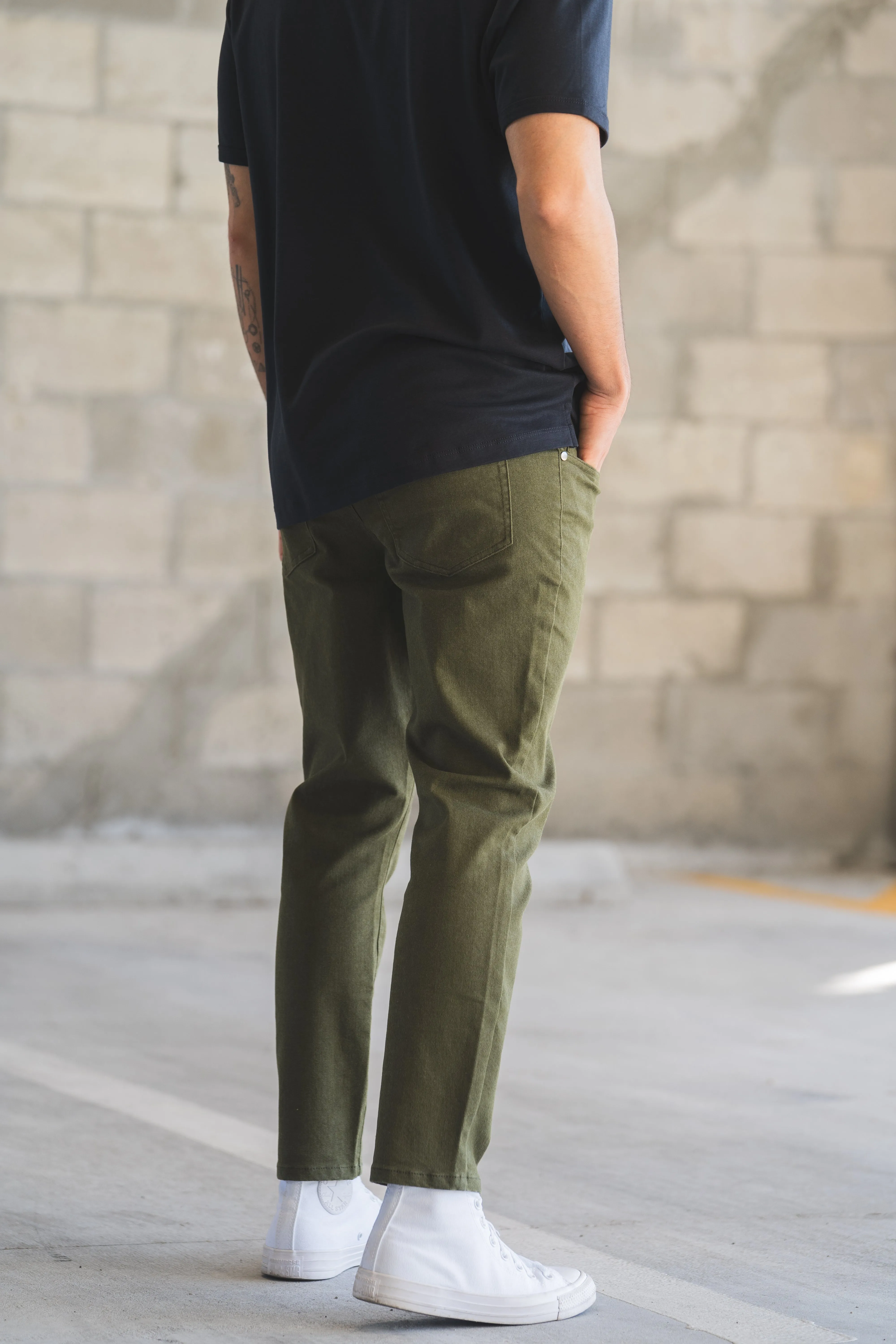 Garment Dyed Stretch Jeans Olive