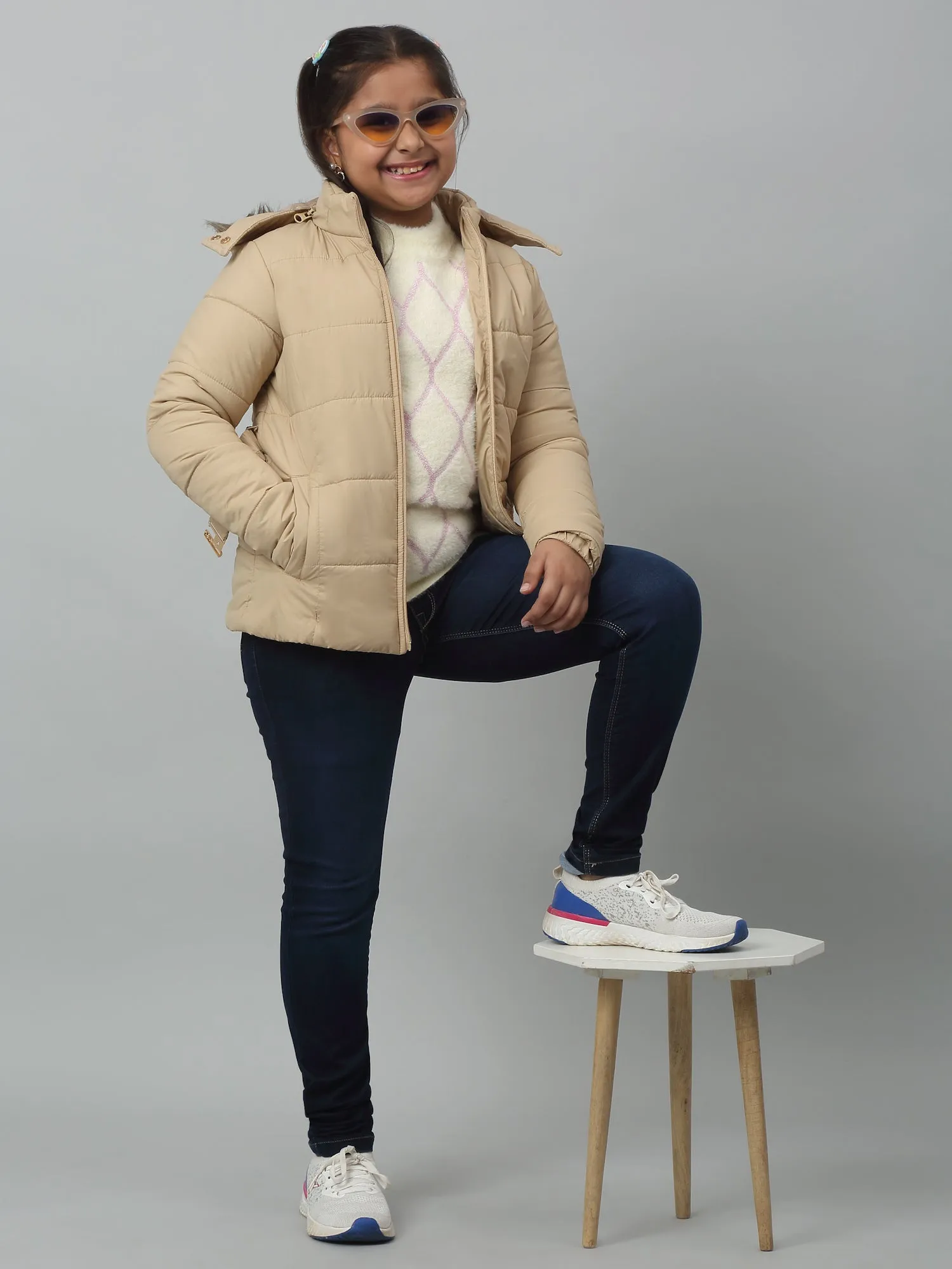 Girls Beige Hooded Jacket For Winter