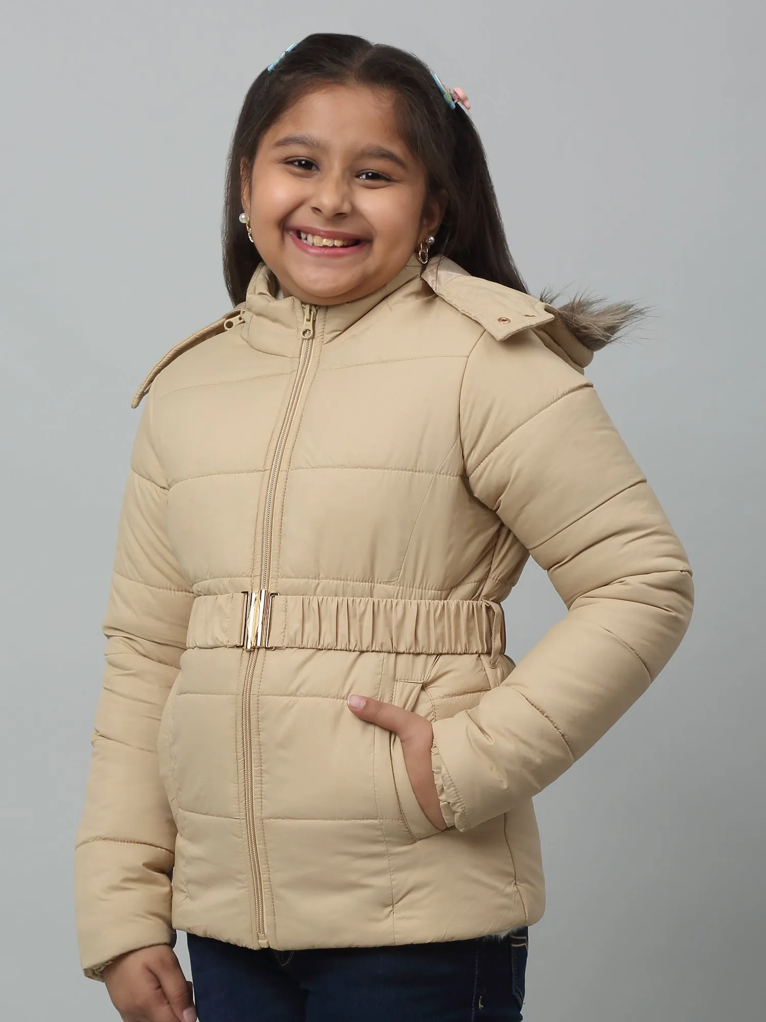 Girls Beige Hooded Jacket For Winter