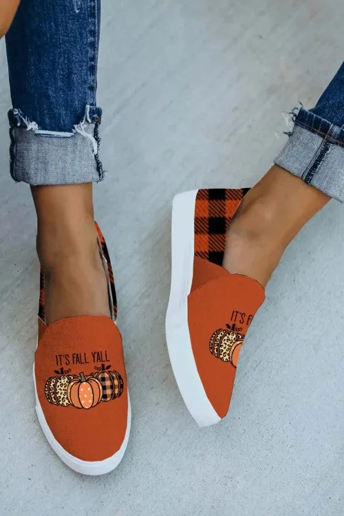 Halloween Letter Pumpkin Plaid Print Slip-on Sneakers