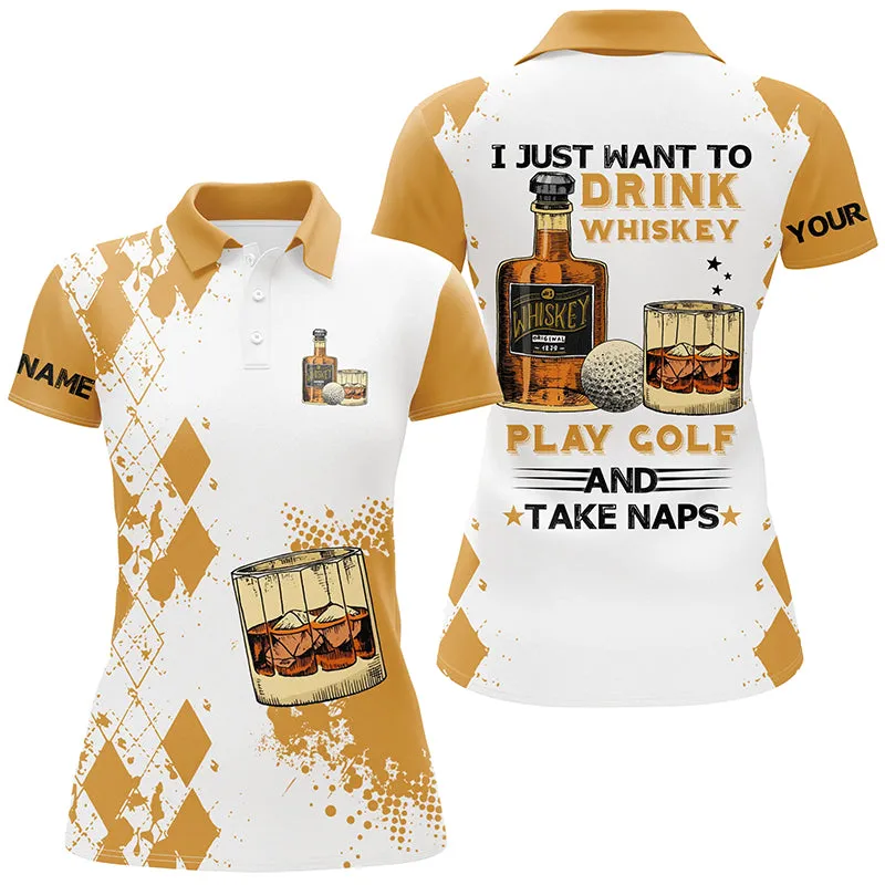 I Just Want To Drink Whiskey Golf Polo Shirts Customized Yellow Argyle Golf Shirts For Women