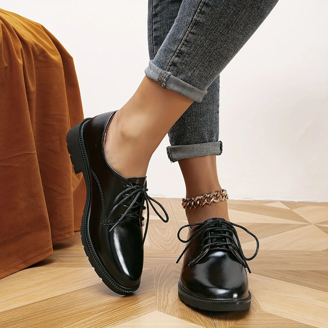 Ivyshape | Black Orthopedic Loafers Lace-Up Shoes for Women