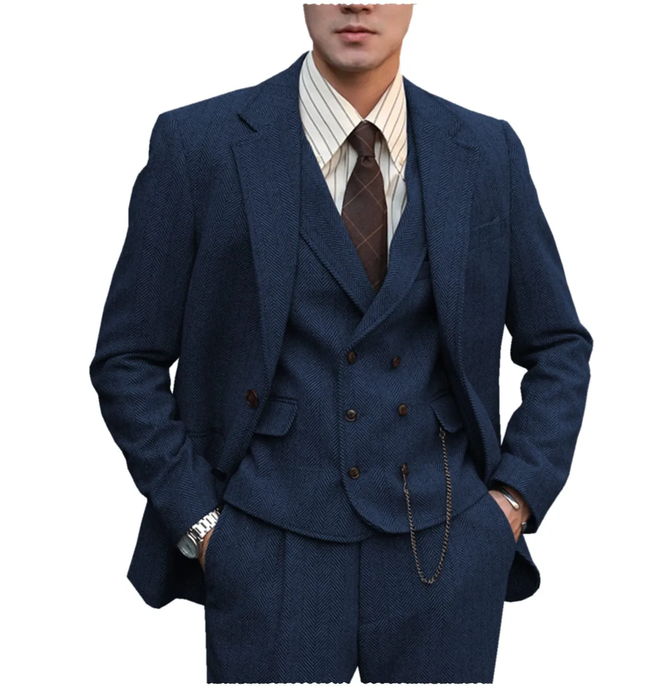 Men’s Classical Herringbone Suits 3 Piece Suits  Regular Fit Wedding Groom Suits (blazer vest pants)