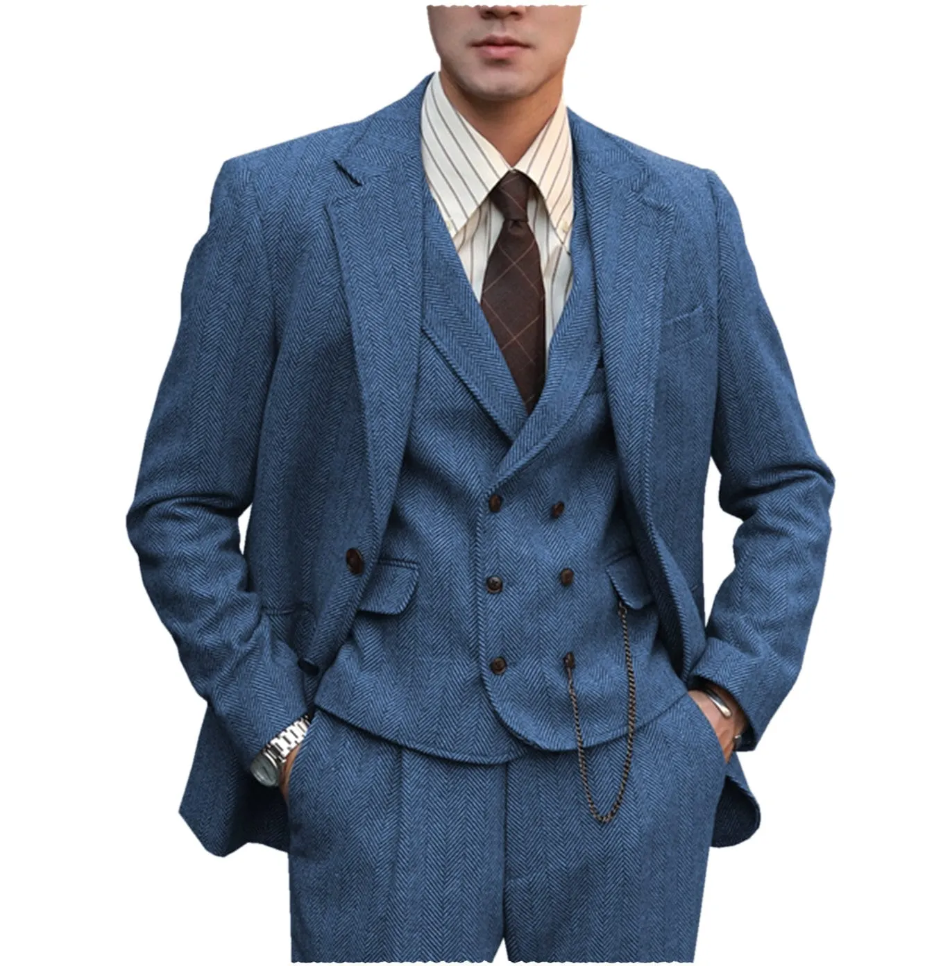 Men’s Classical Herringbone Suits 3 Piece Suits  Regular Fit Wedding Groom Suits (blazer vest pants)