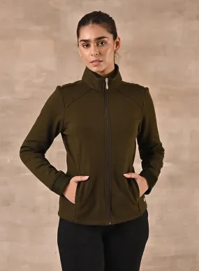 Olive Zip-front High-neck Regular Jacket with Pockets