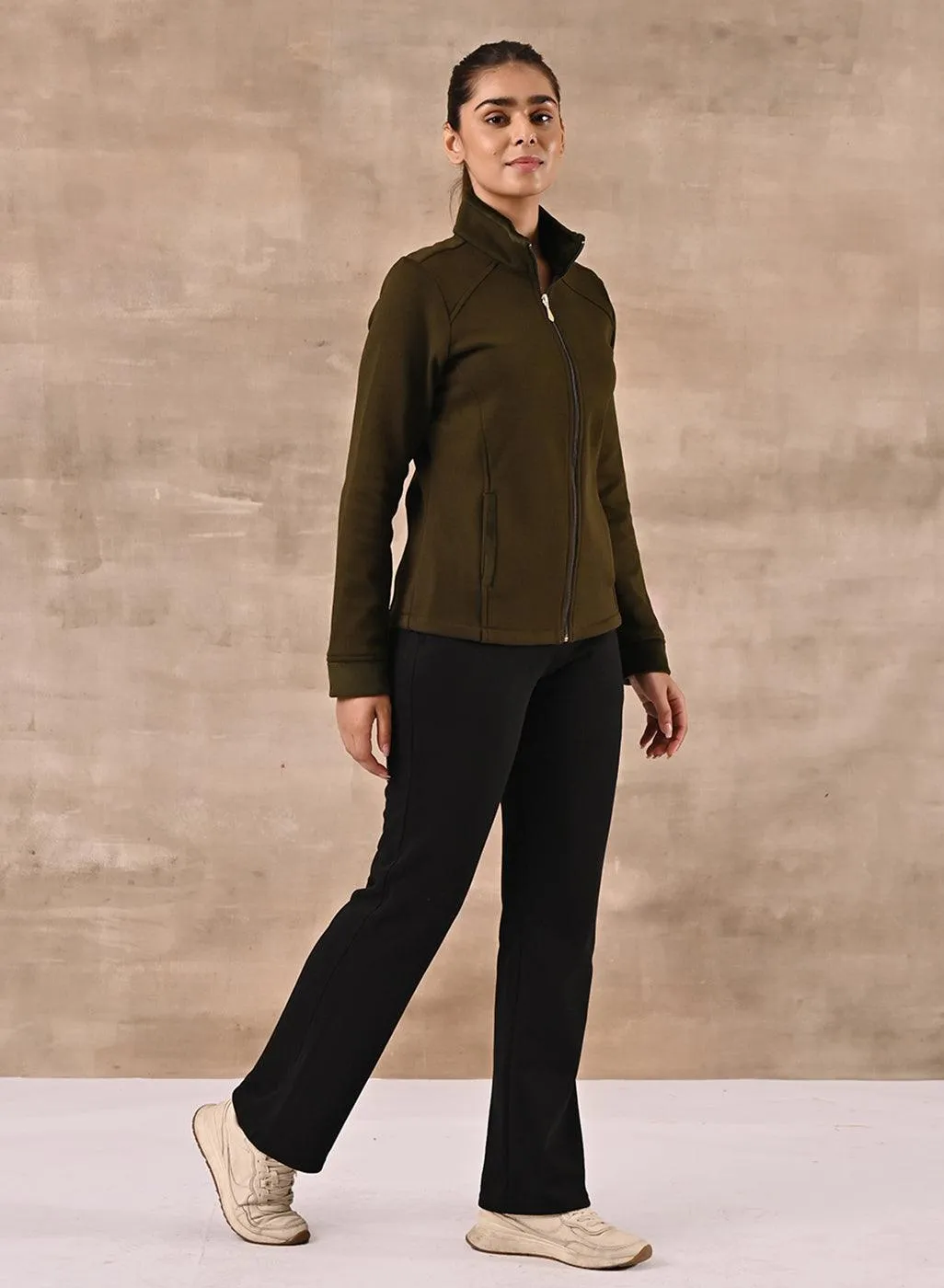 Olive Zip-front High-neck Regular Jacket with Pockets