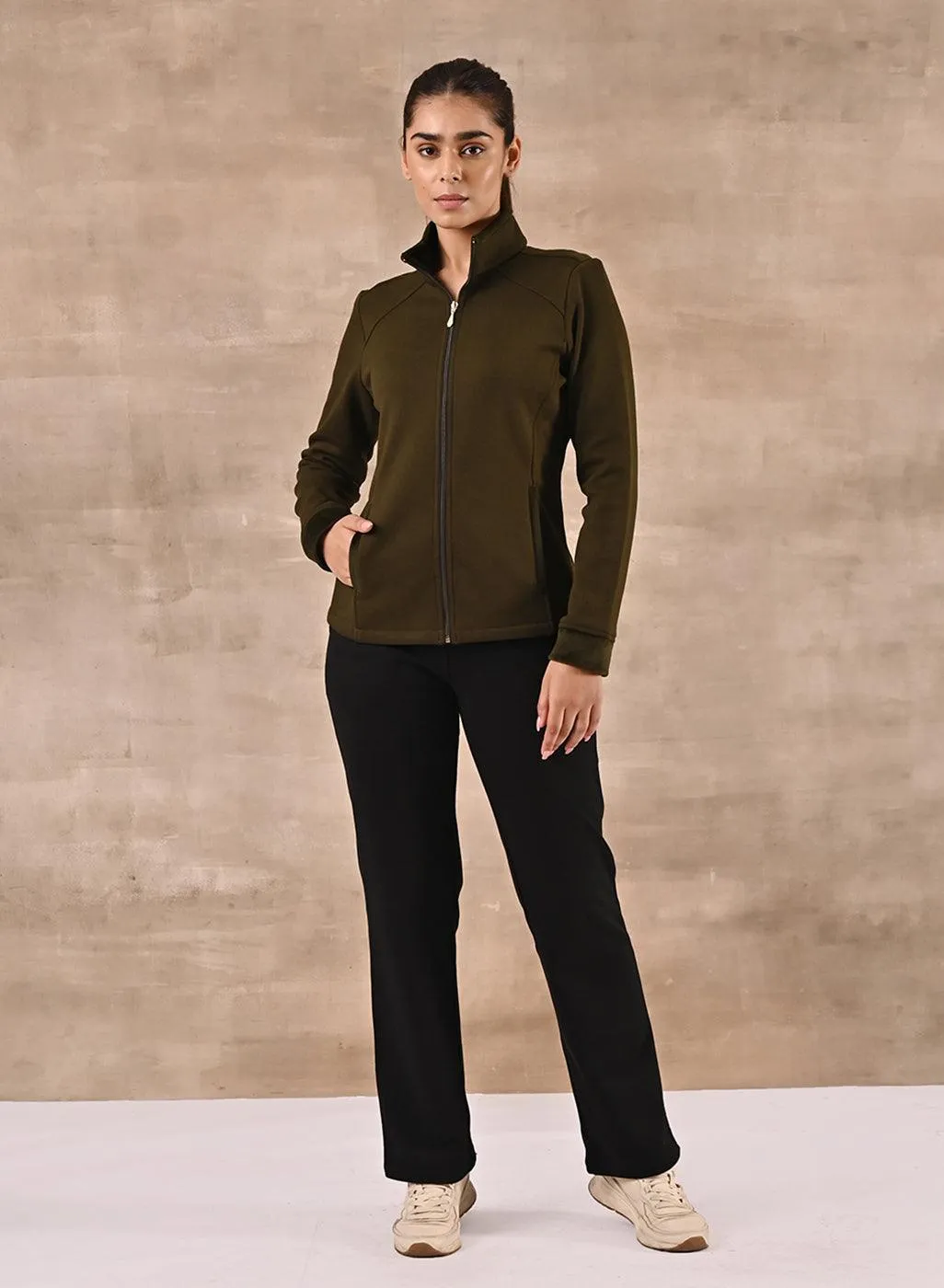 Olive Zip-front High-neck Regular Jacket with Pockets