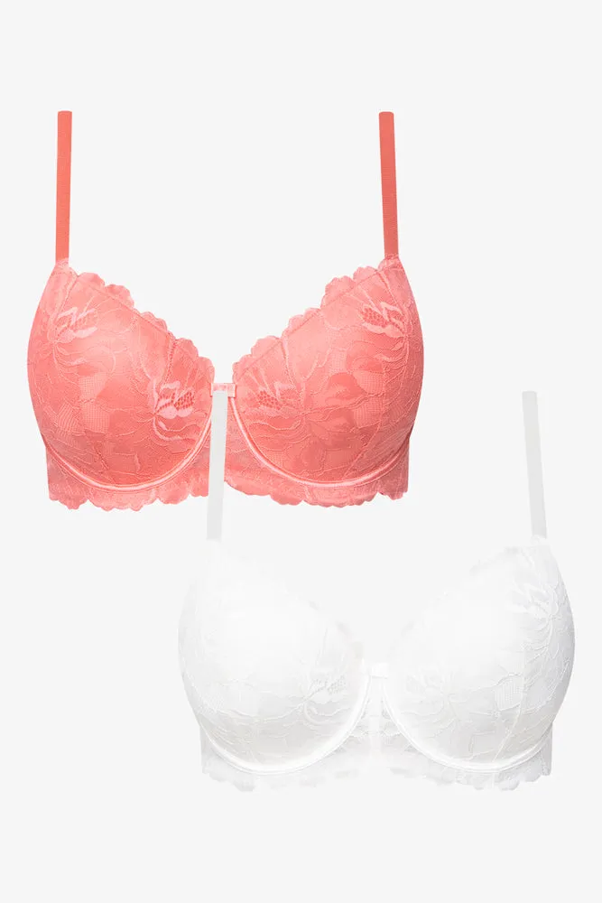 Plus Size 2 Pack Lace Balconette Bras Coral And White