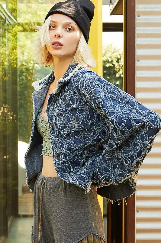 POL Flower Textured Raw Hem Long Sleeve Denim Jacket