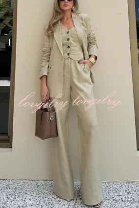 Solid Color Lapel Blazer   Slim Waistcoat and Pocket Wide-leg Pants Three-piece Set