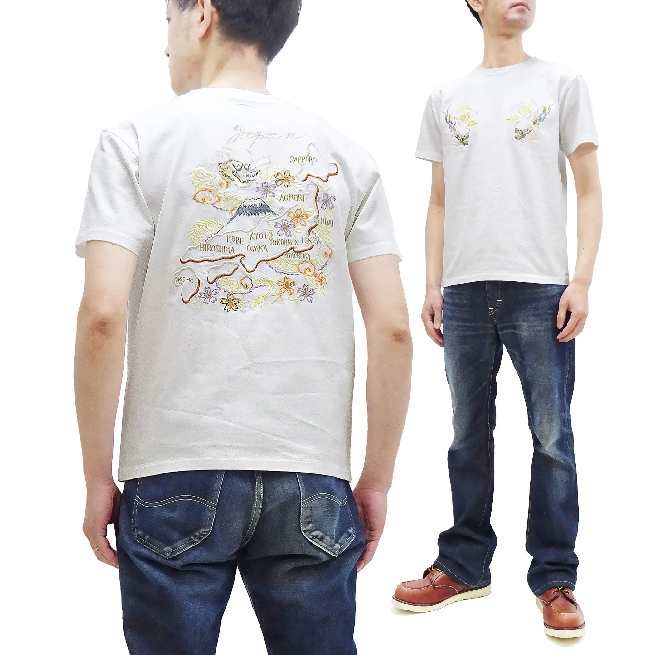 Tailor Toyo T-shirt Men's Sukajan Style Japan Map Embroidered Short Sleeve Tee TT79215 101 White