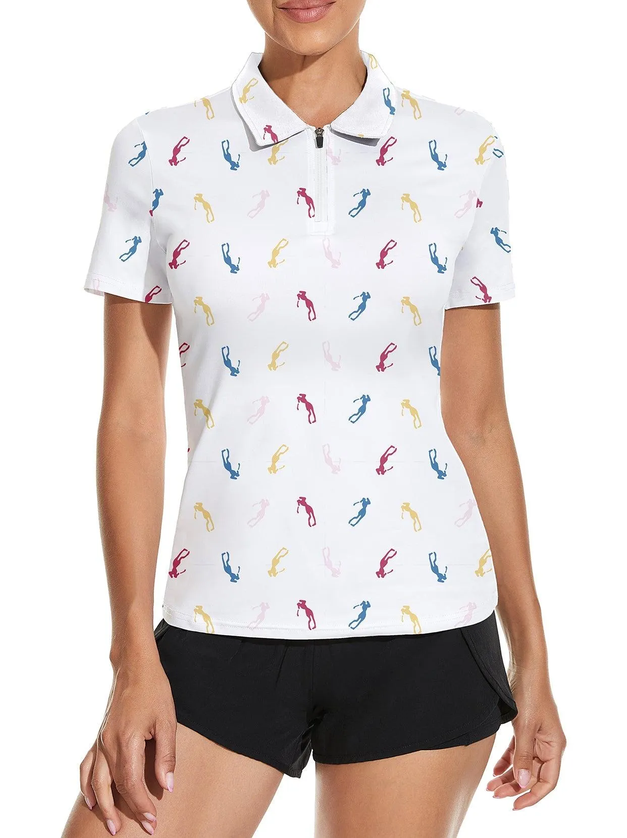 White Golfer Print Athletic Golf Polo Shirt for Women