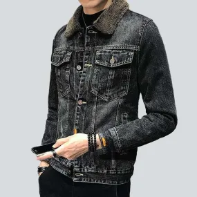 Winter black men's denim jacket