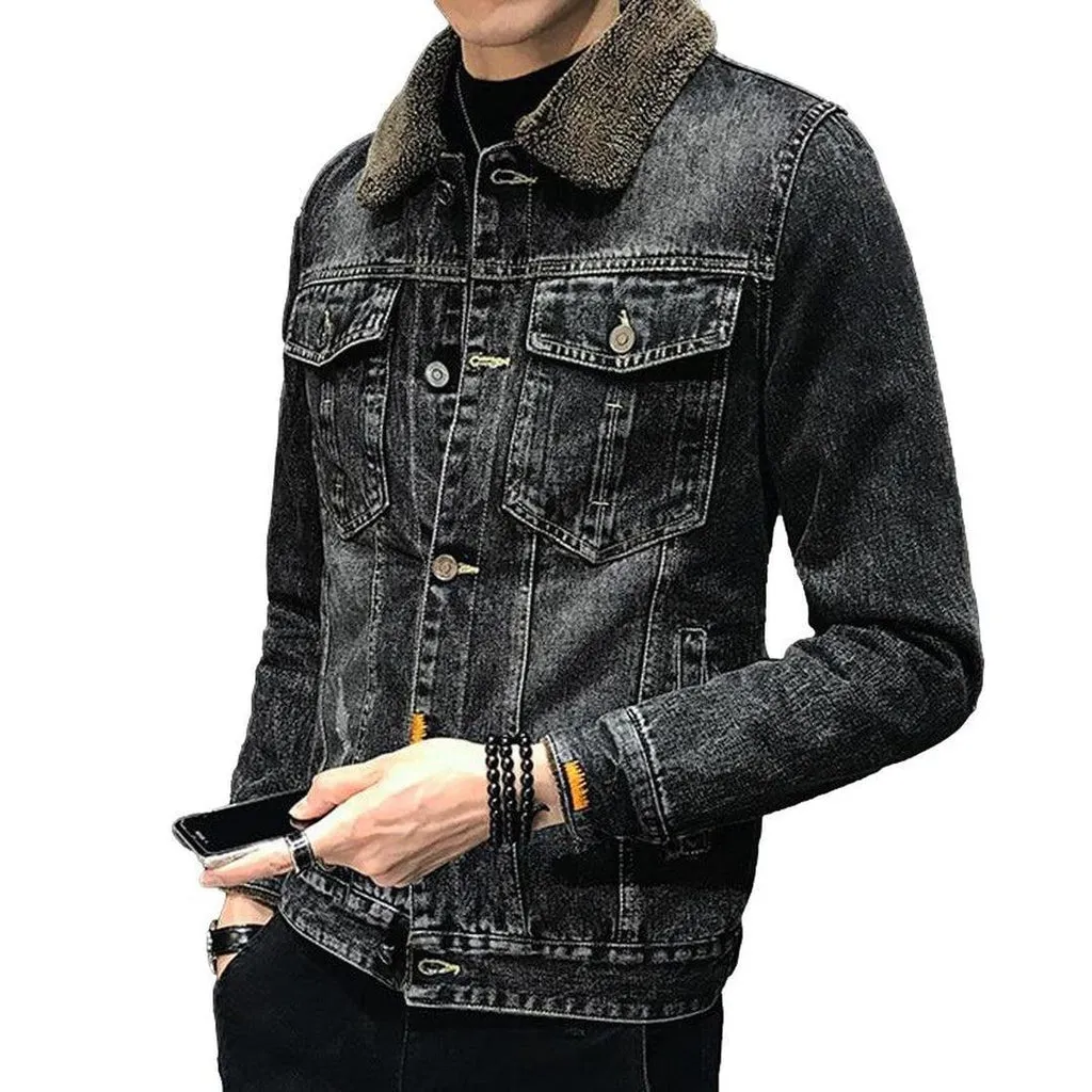 Winter black men's denim jacket