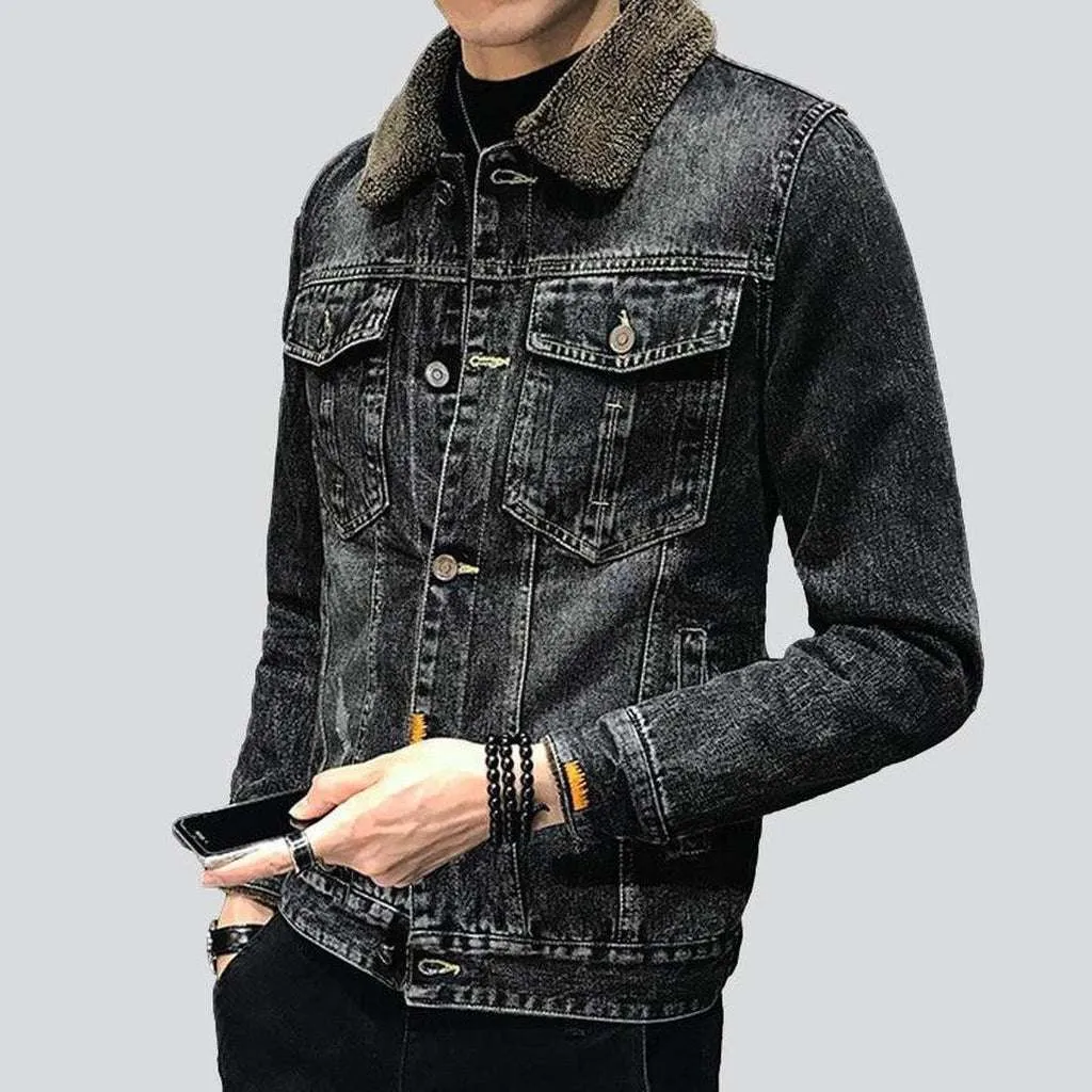 Winter black men's denim jacket